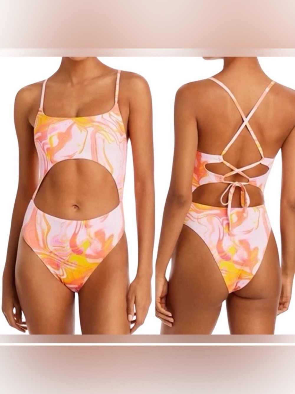 NWT Aqua Swim Swirl Print Cutout One-Piece Swimsuit in Pink & Yellow